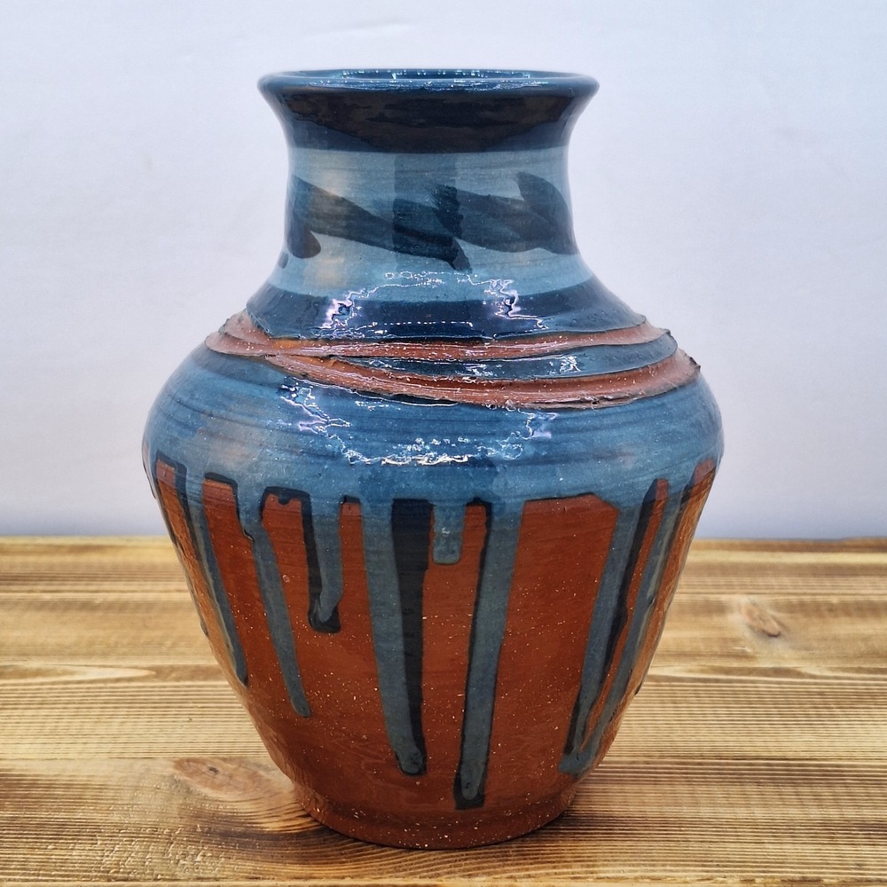 Studio Pottery 6" Bud Vase Blue Brown Drip Layer‎ Glaze, Artist Signed F.T.D